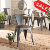 Baxton Studio AY-MC03-Dark Grey-DC Ryland Modern Industrial Grey Metal and Walnut Brown Finished Wood 4-Piece Dining Chair Setl